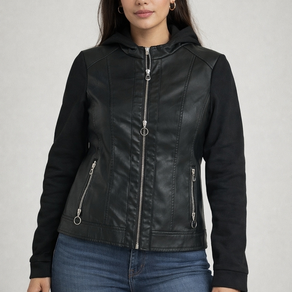 Baccini Black Leather Hooded Jacket